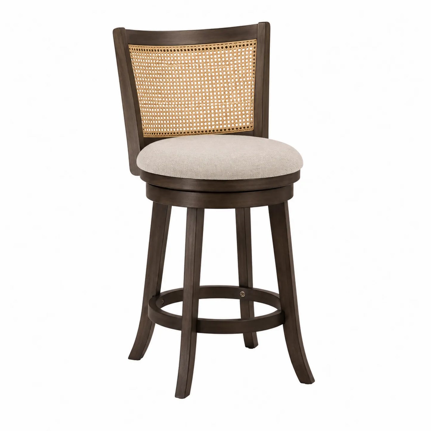 Tabouret de bar pivotant en bois avec dossier en rotin et assise en tissu beige