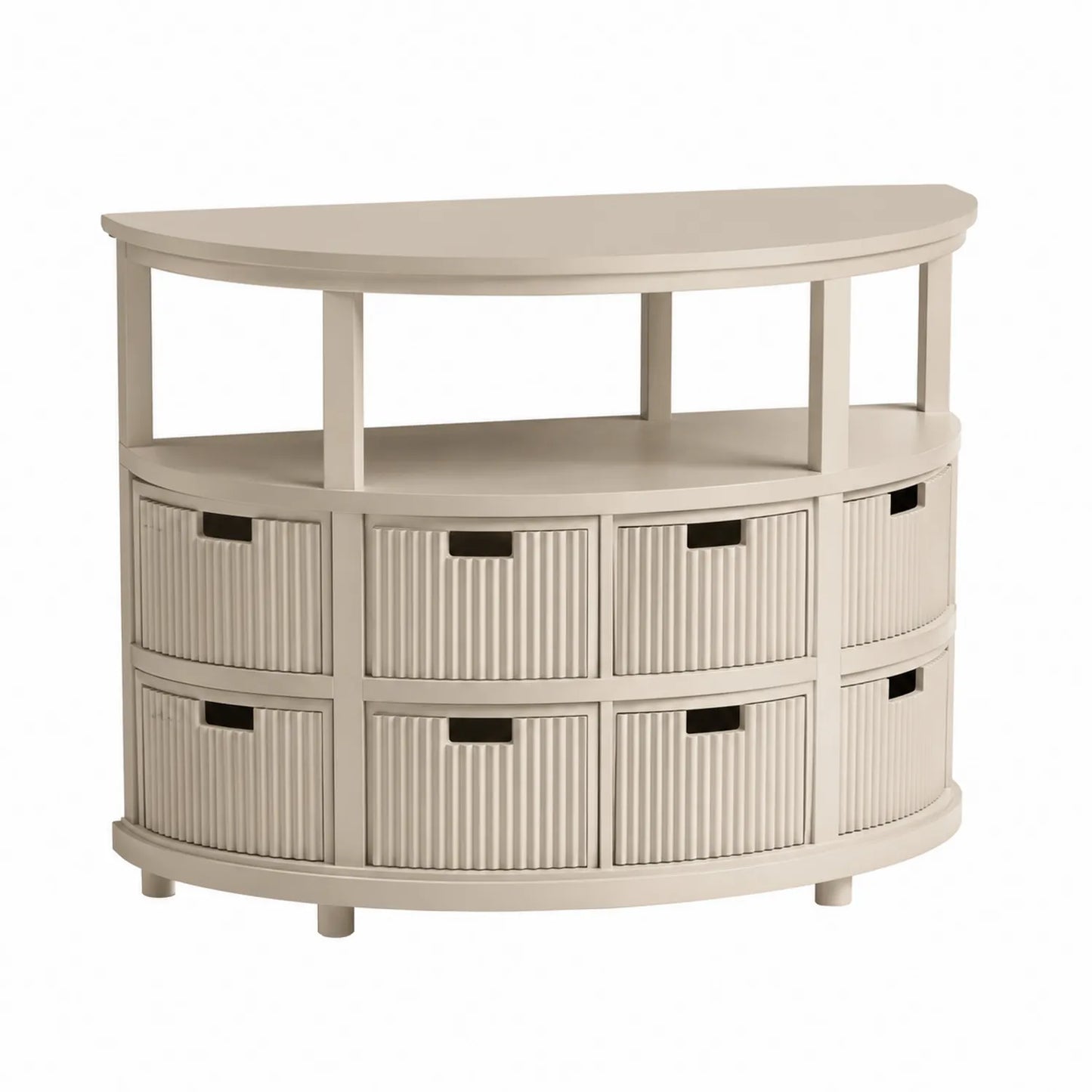 Console demi-lune en bois composite avec tiroirs et étagères