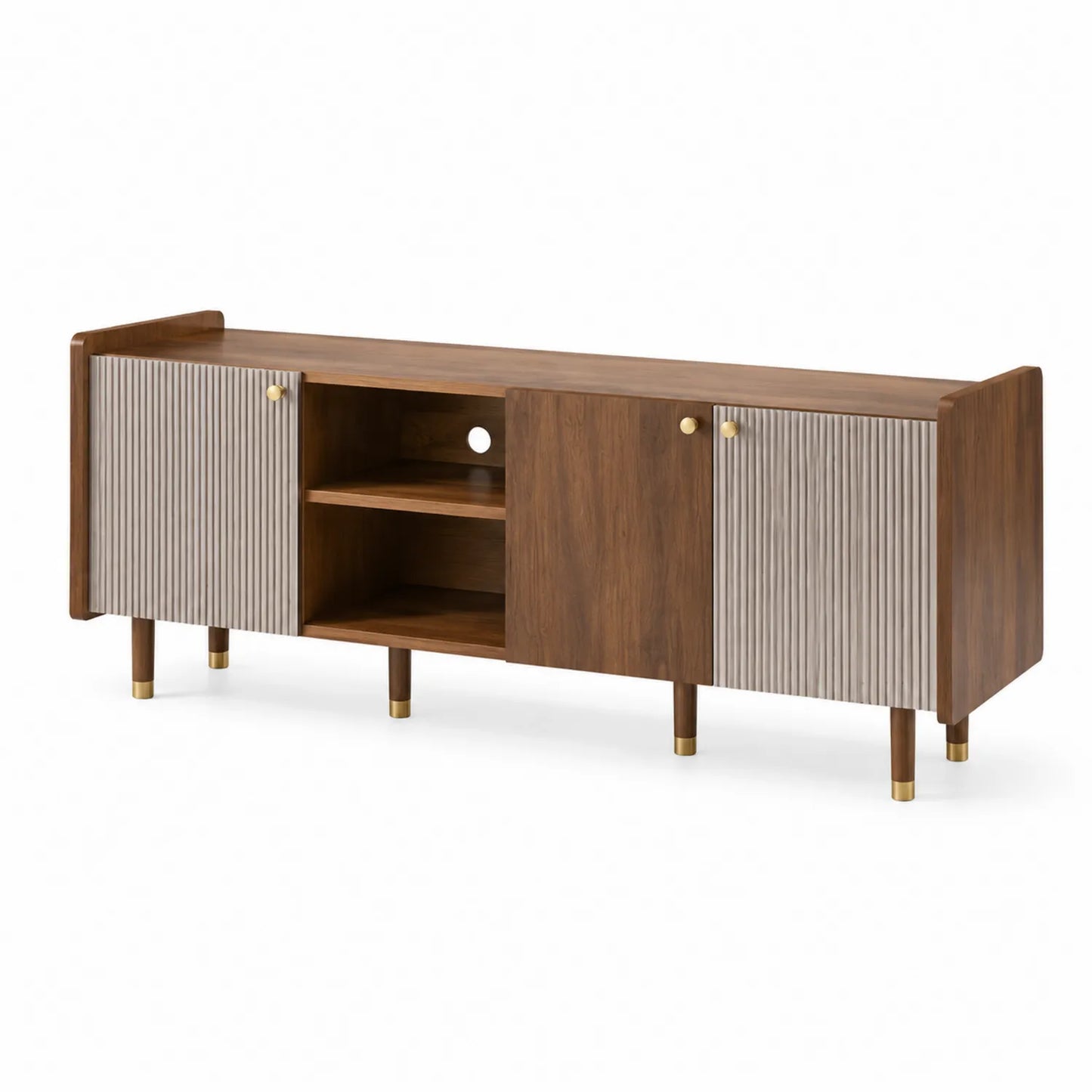 Meuble TV en bois d'acacia avec panneaux nervurés et pieds métalliques dorés