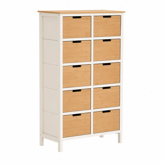 Commode 9 tiroirs en bambou et MDF Blanc 120x70x35 cm