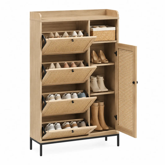 Meuble à Chaussures Bois et Rotin avec Étagères