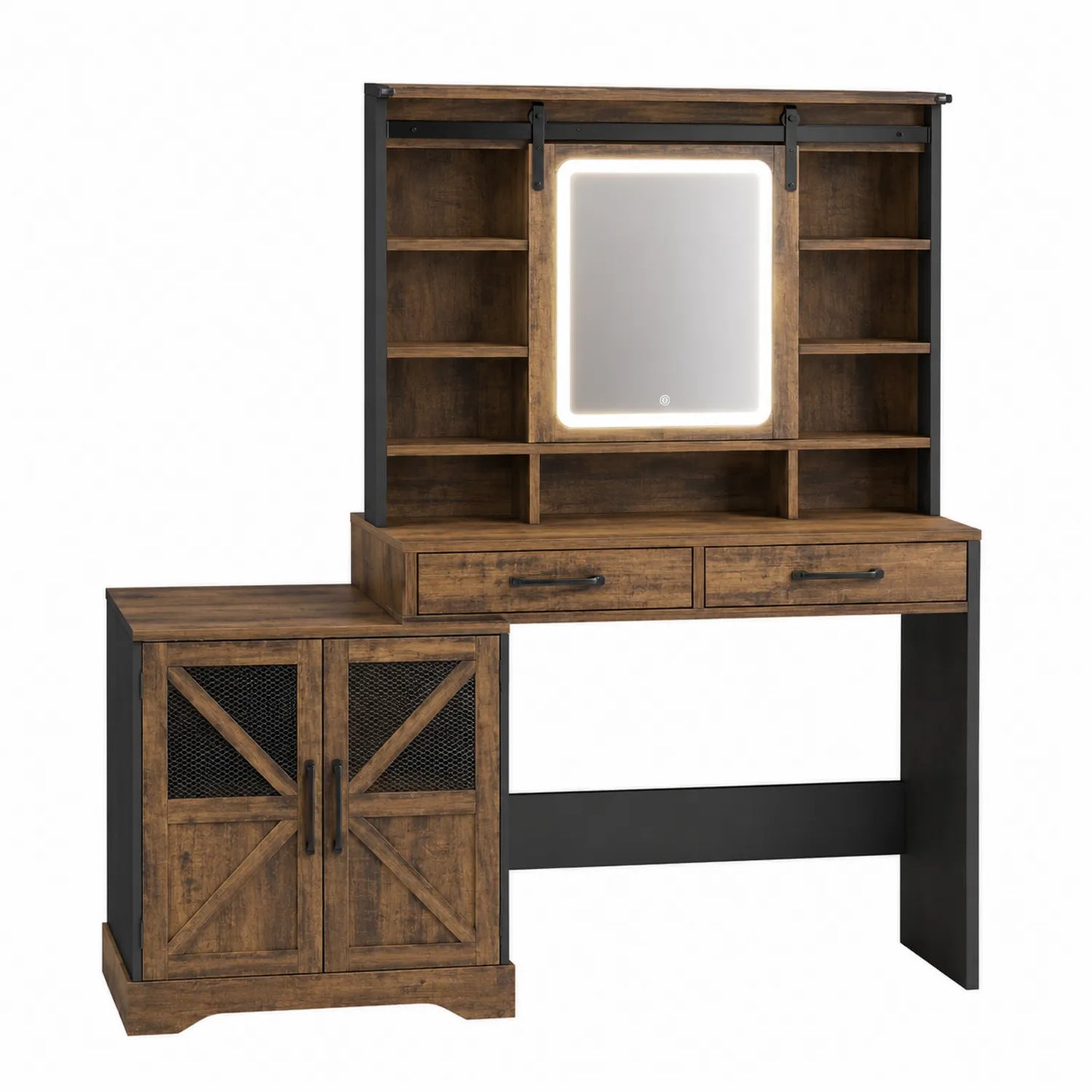 Coiffeuse en bois avec miroir éclairé et étagères, brun et noir