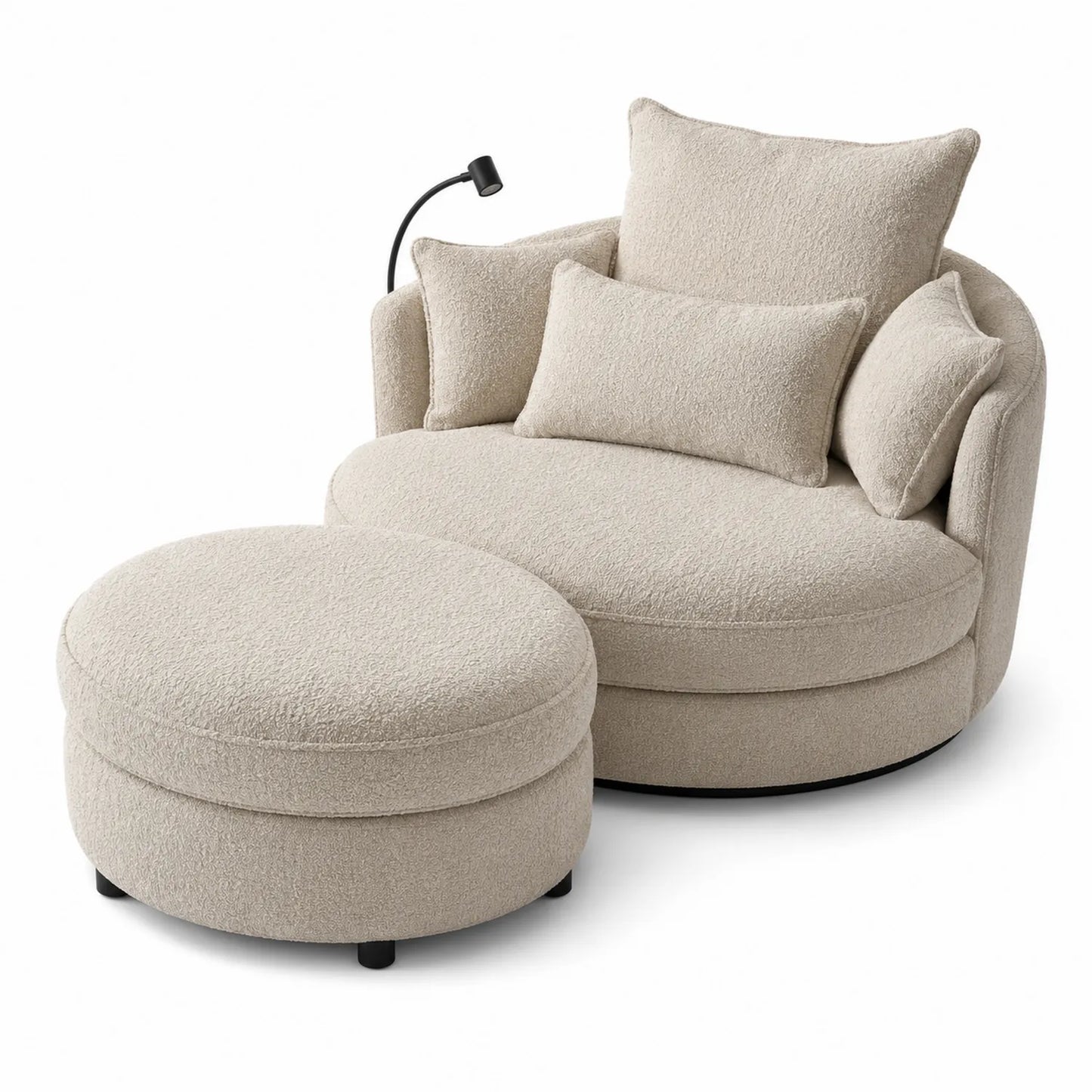 Canapé rond en tissu bouclé beige avec repose-pied et lampadaire intégré