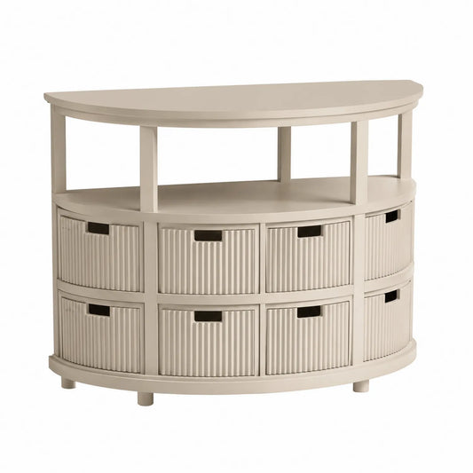 Console demi-lune en bois composite avec tiroirs et étagères
