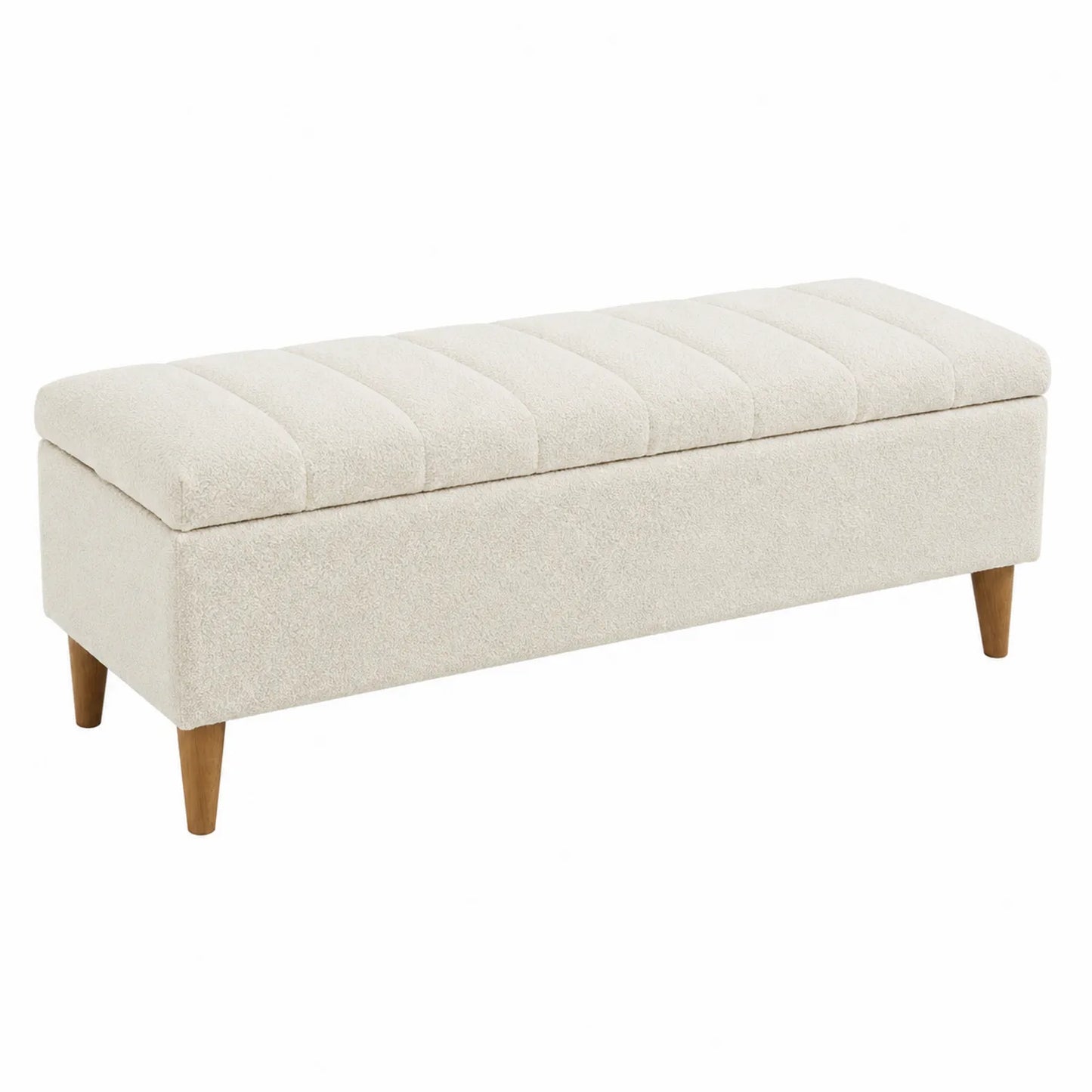 Banc de rangement en tissu polyester beige avec pieds en bois
