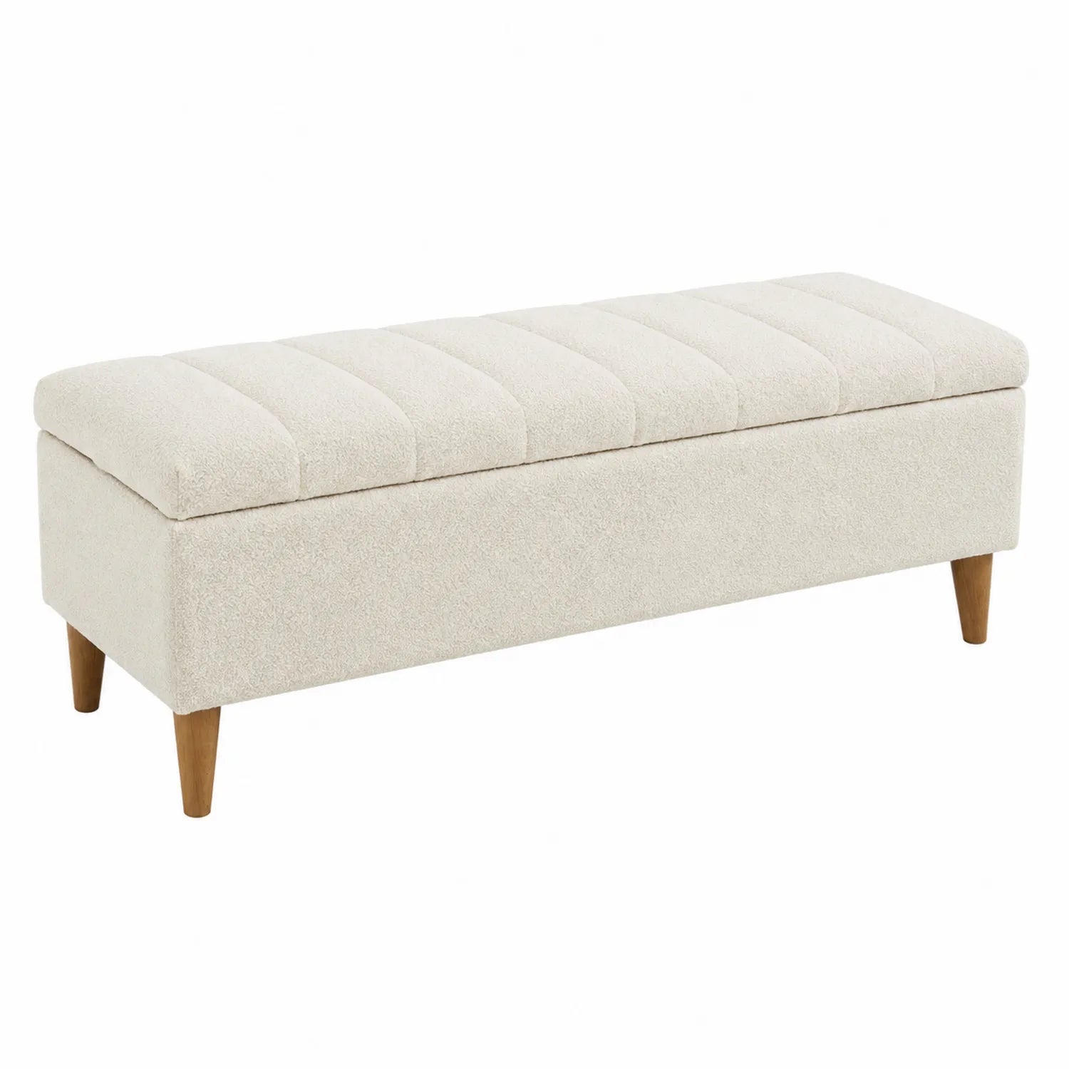 Banc de rangement en tissu polyester beige avec pieds en bois