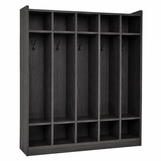 Étagère de Garage en Bois Noir avec Crochets et Compartiments