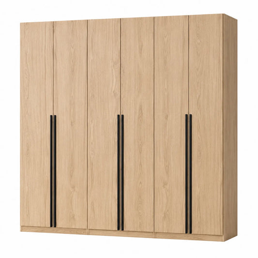 Armoire 6 portes en bois chêne clair avec poignées en métal noir