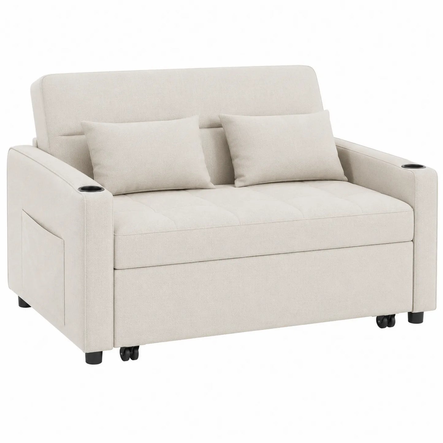Canapé convertible 2 places en tissu Beige avec accoudoirs et coussins