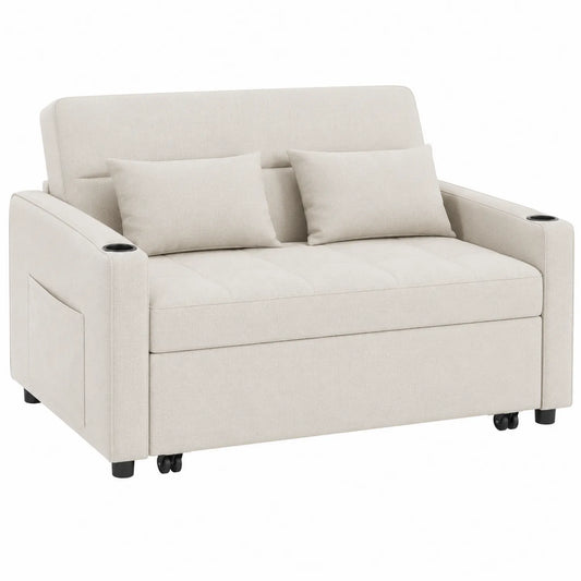 Canapé convertible 2 places en tissu Beige avec accoudoirs et coussins