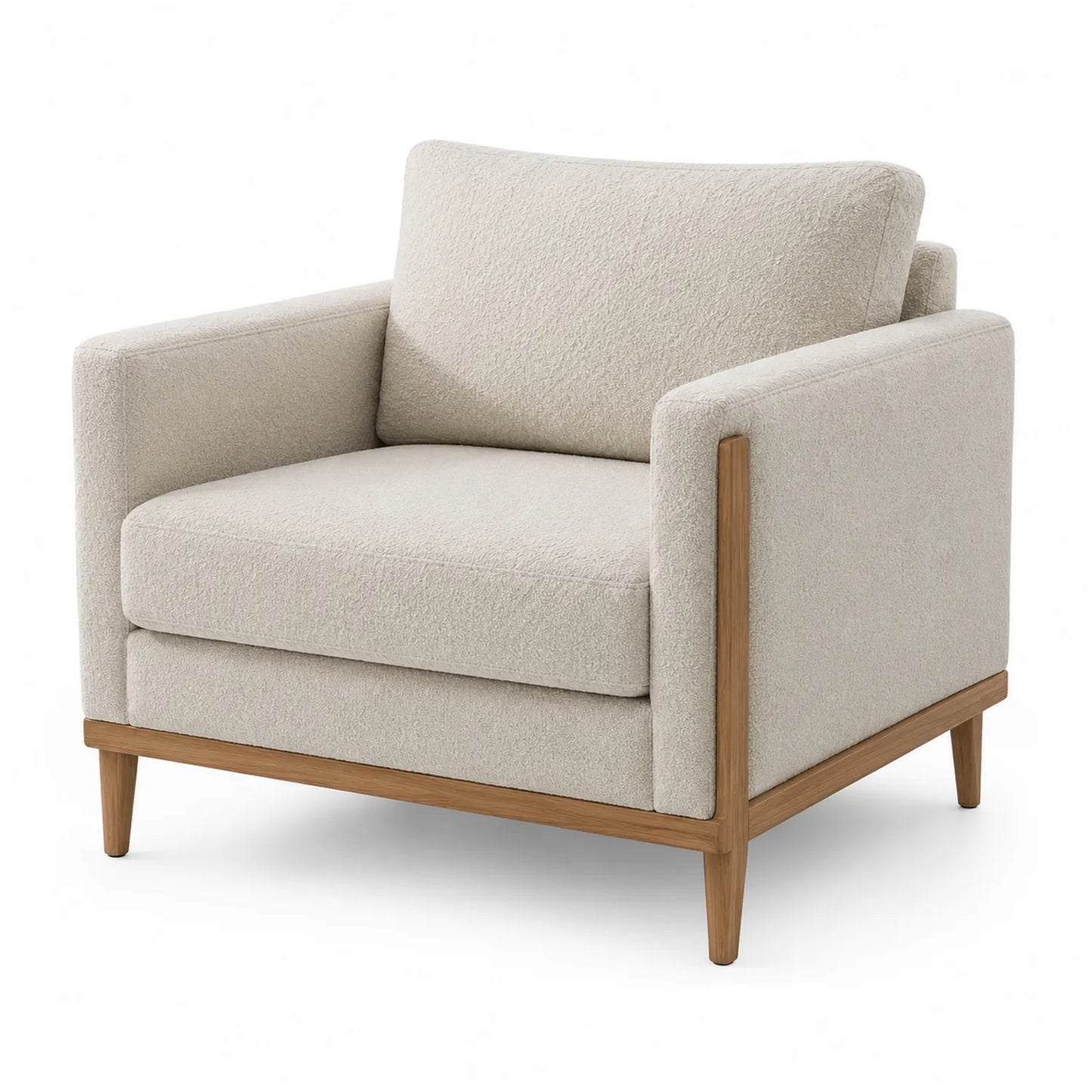 Fauteuil en tissu beige et bois
