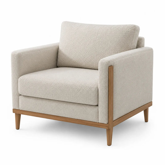 Fauteuil en tissu beige et bois