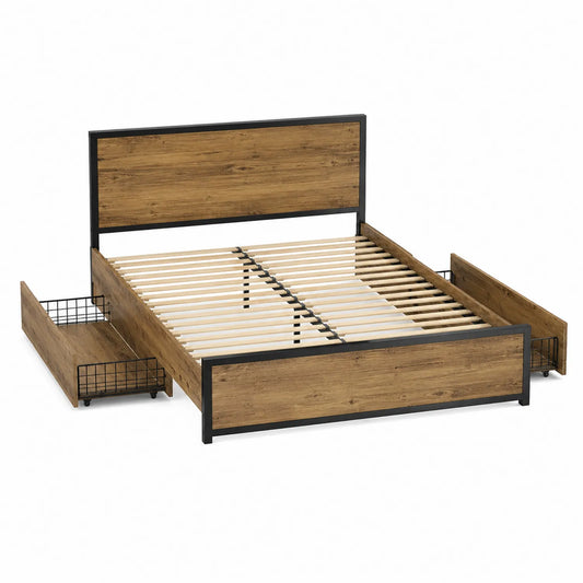 Lit double en bois et métal avec tiroirs 200x160 cm