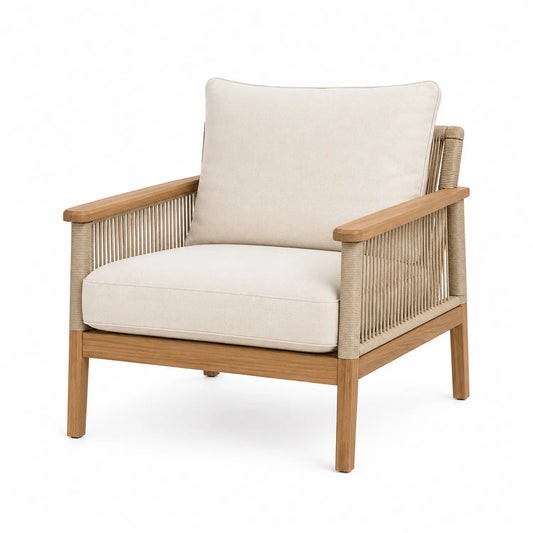 Fauteuil en bois et corde avec coussins en polyester