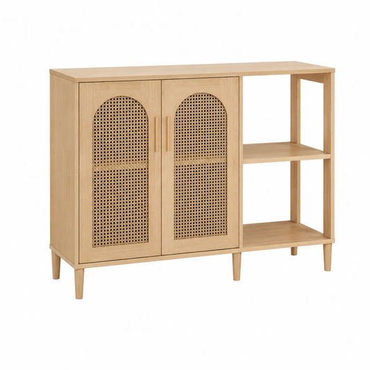 Buffet en bois avec portes en cannage 2 étagères 120 x 35 x 85 cm