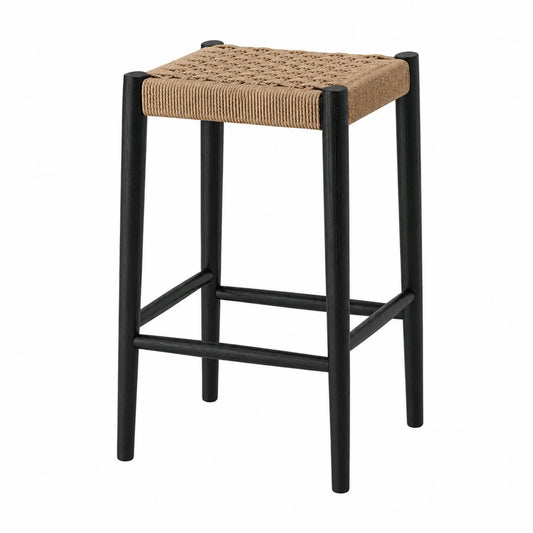 Tabouret de bar en bois noir et corde tressée